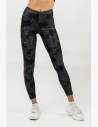 Women's leggings with mesh feature a high V-shaped waistband that reliably keeps the leggings in place and prevents them from rolling down, while also beautifully shaping the figure.