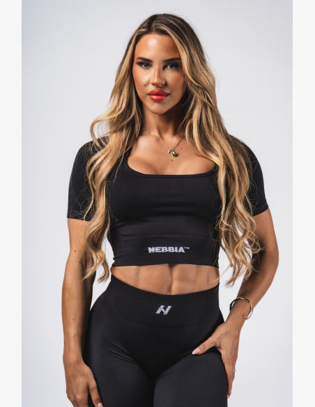 NEBBIA Tvarujúci bezšvový crop top FLOW SEAMLESS čierny